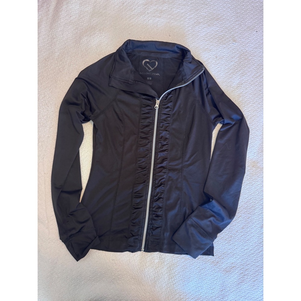 Live Love Dream Black Full Zip Athletic Track Jacket Mock Neck Rouched Front M